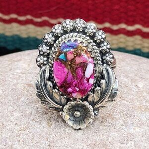 Pink Purple Dahlia Copper Turquoise Sterling Silver Ring Size 6